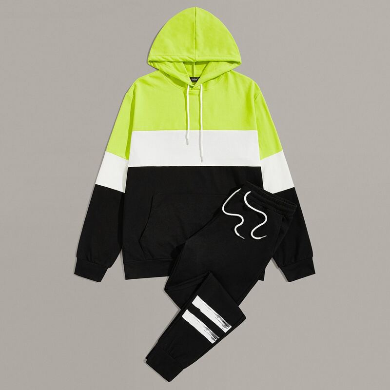 

Guys Pocket Front Colorblock Hoodie & Striped Print Sweatpants Set, Multicolor