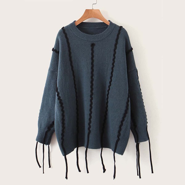 

Drop Shoulder Fringe Hem Sweater, Blue