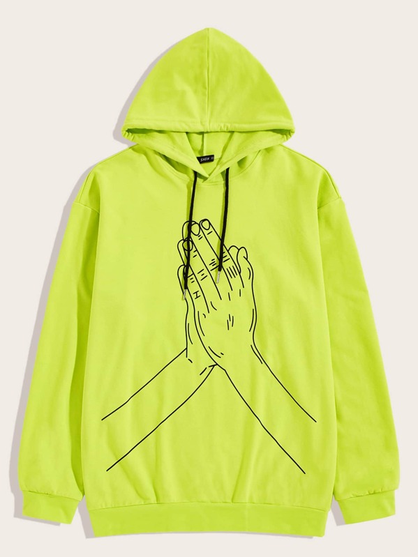 

Men Neon Lime Hands Print Hoodie, Green