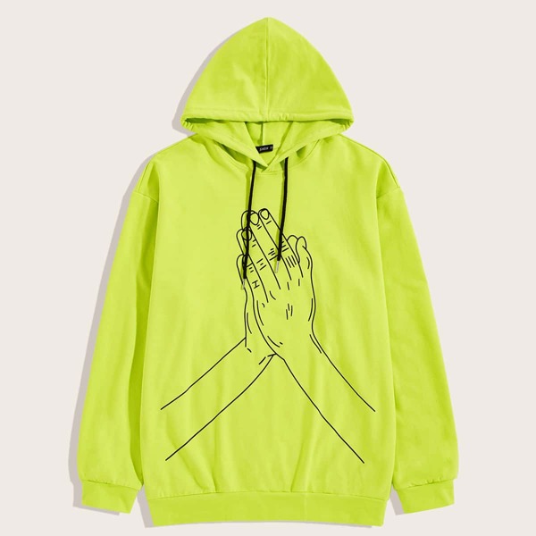 

Men Neon Lime Hands Print Hoodie, Green bright
