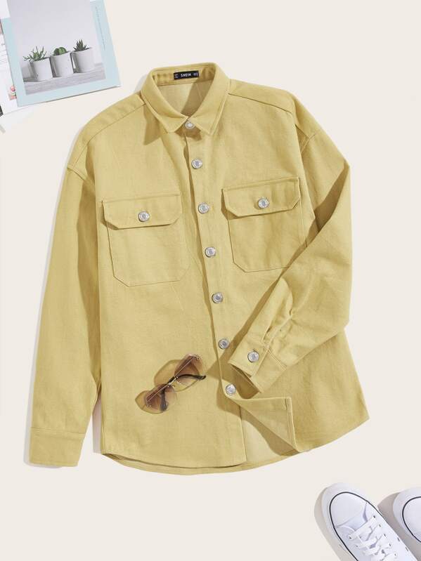 

Men Flap Pocket Front Button Up Shaket, Khaki