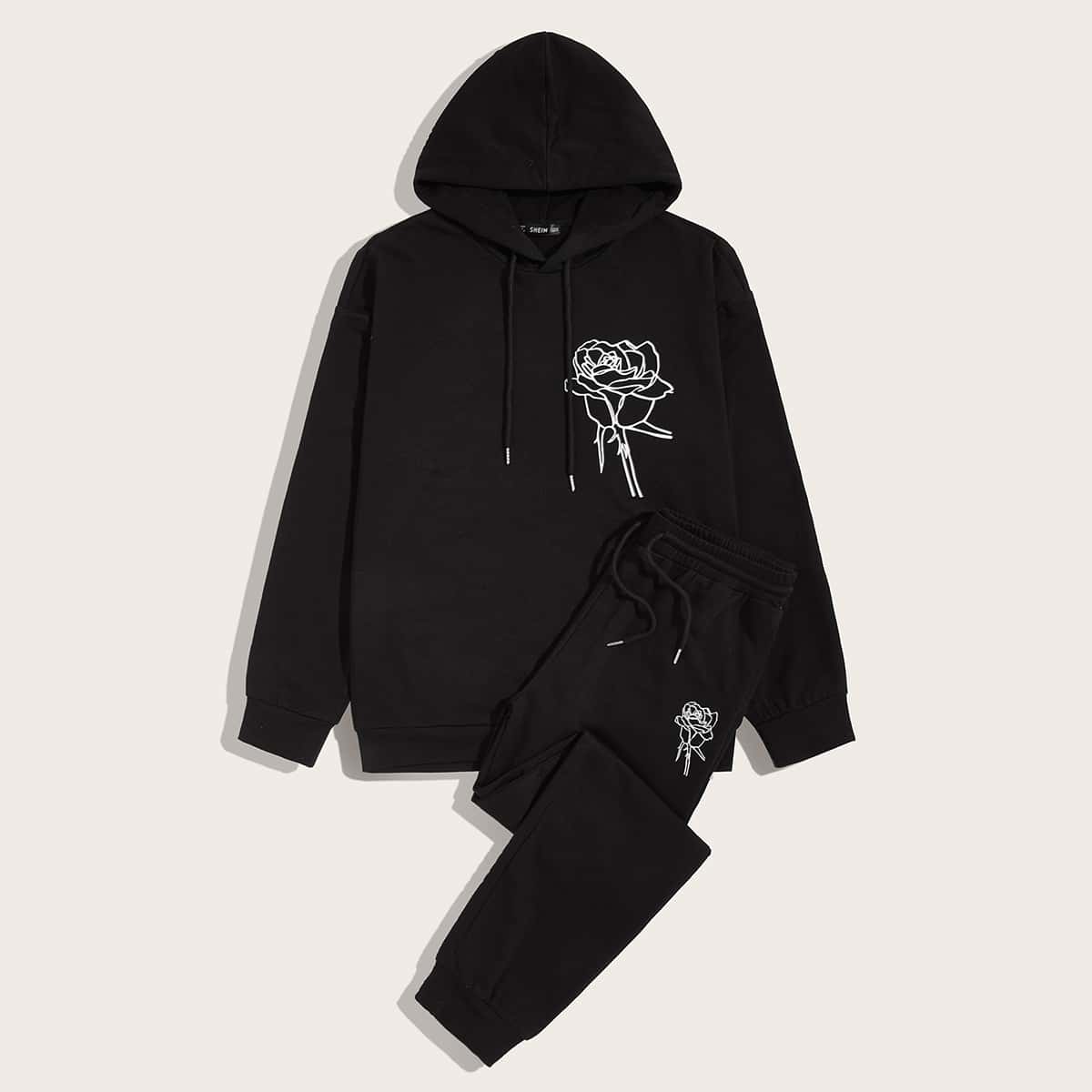 

Guys Drawstring Detail Floral Print Hoodie & Sweatpants Set, Black