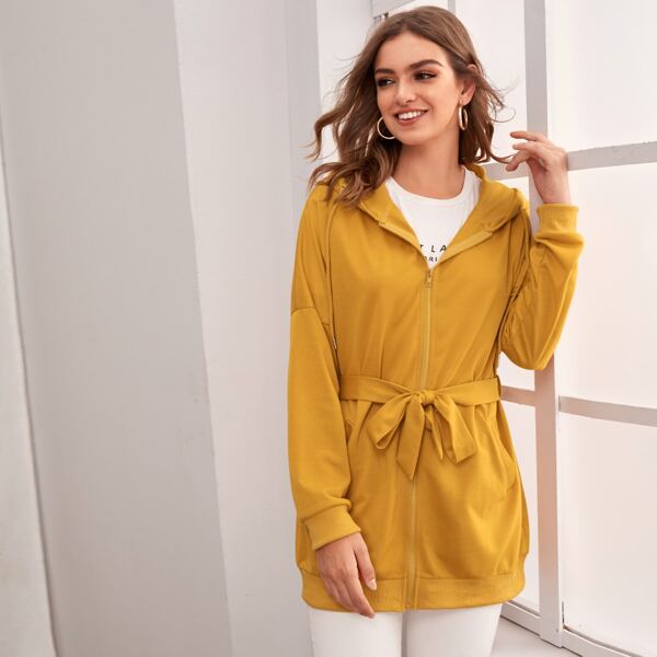 

Solid Zip Up Belted Hooded Sweatshirt, Yellow