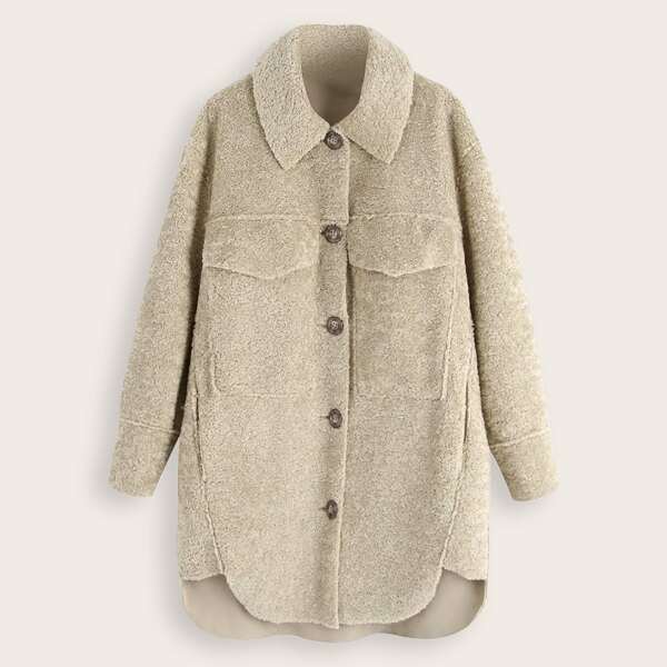 

Button Front Double Pocket Dip Hem Teddy Coat, Beige