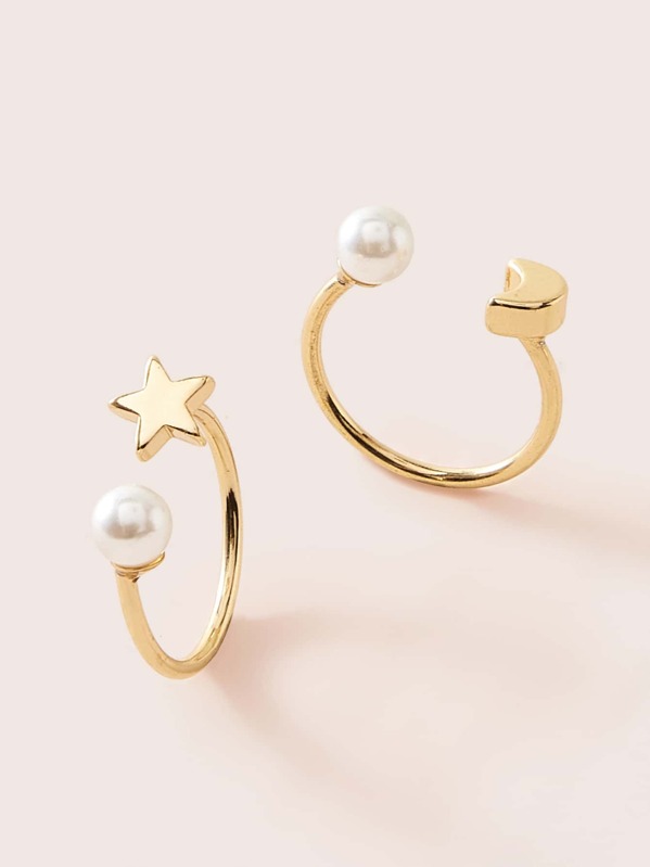 

2pcs Pearl & Moon Decor Ring, Gold