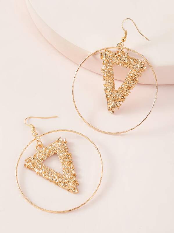 

1pair Ring & Textured Triangle Drop Earrings, Gold