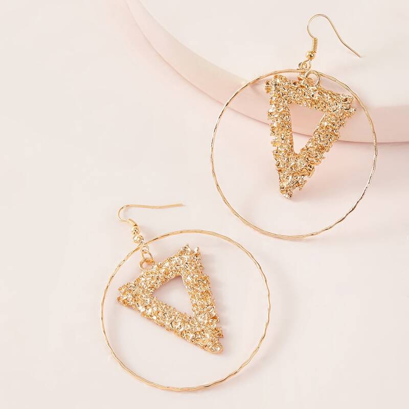 

1pair Ring & Textured Triangle Drop Earrings, Gold
