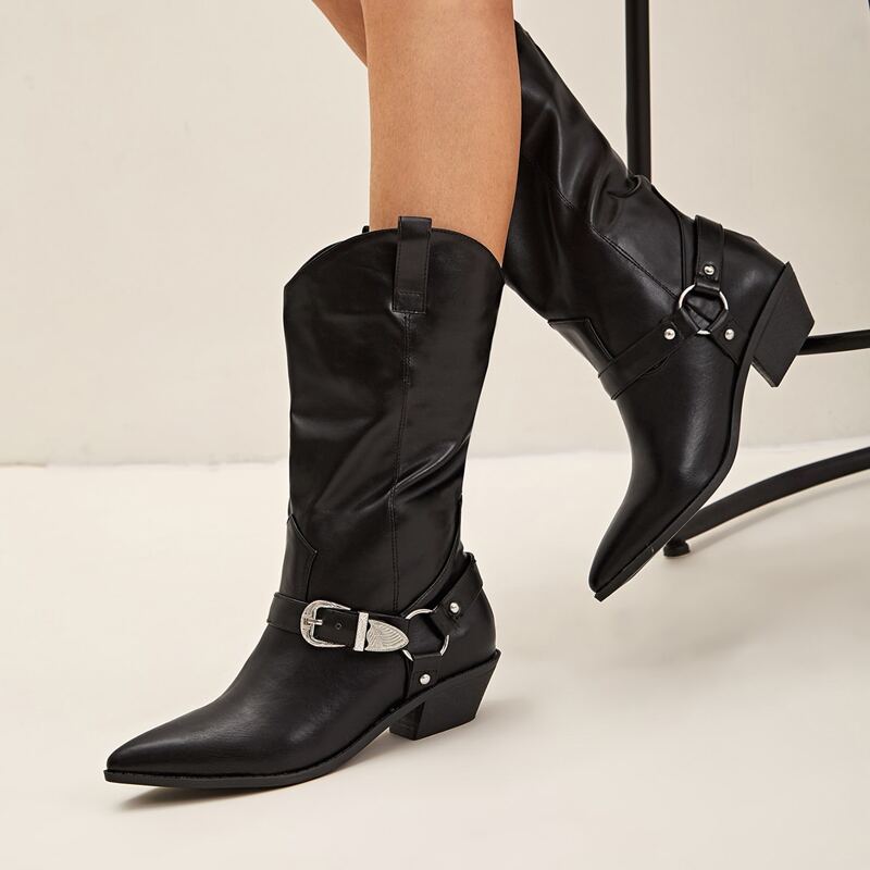 

Pointed Toe Buckle Decor Boots, Black