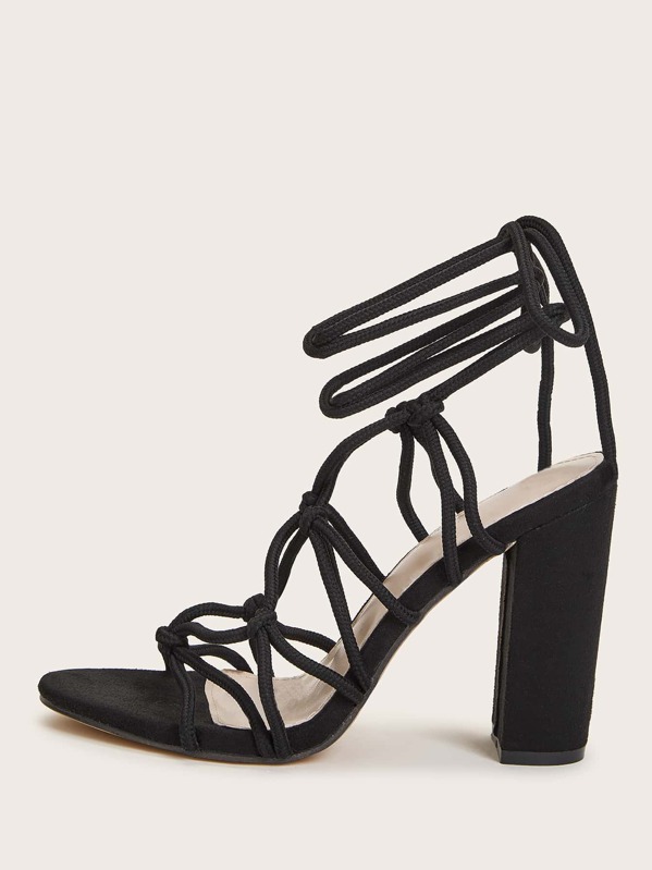 

Open Toe Lace-up Chunky Heels, Black
