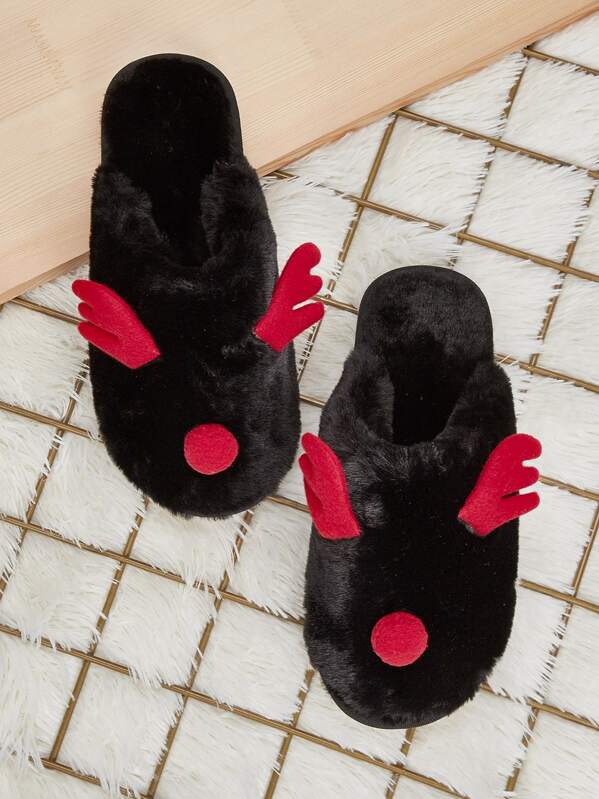 

Pom Pom Decor Fluffy Slippers, Black