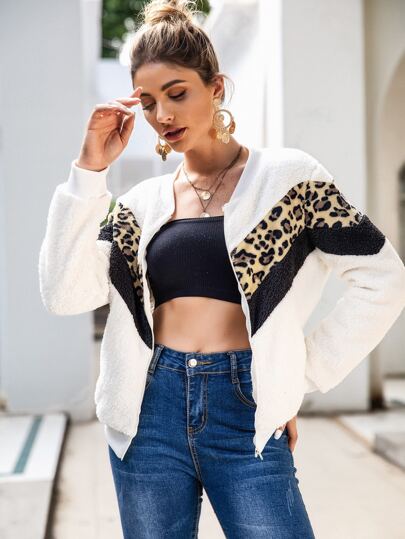 Contrast Leopard Chevron Teddy Jacket