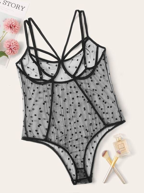 

Plus Polka Dot Harness Teddy Bodysuit, Black, Ella