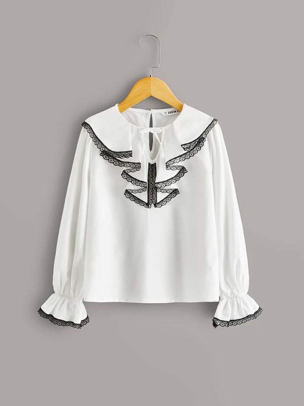 

Girls Tie Front Lace Ruffle Trim Blouse, White