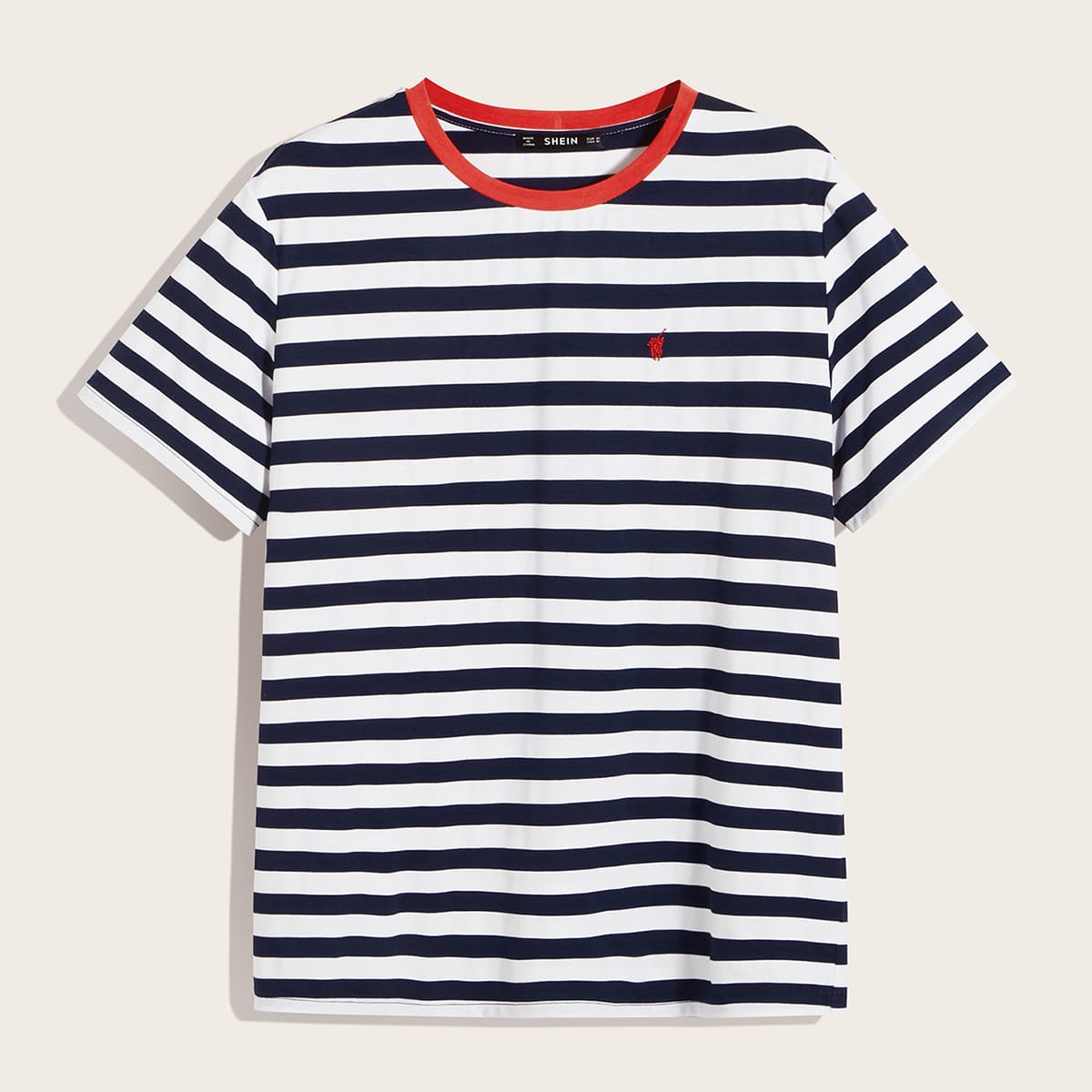 

Guys Contrast Neck Embroidery Detail Striped Top, Navy