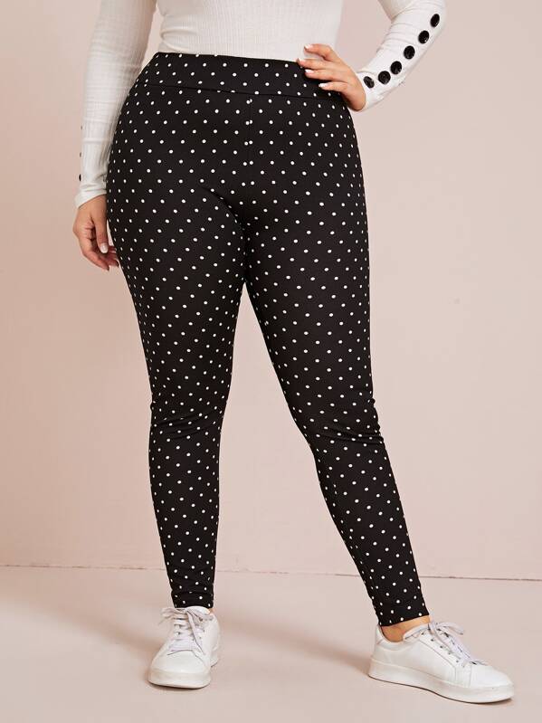 

Plus Elastic Waist Polka Dot Print Leggings, Black, Franziska