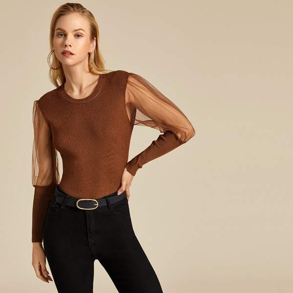 

Sheer Mesh Gigot Sleeve Rib-knit Sweater, Brown