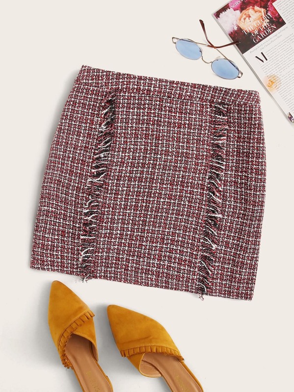 

Frayed Trim Tweed Skirt, Red