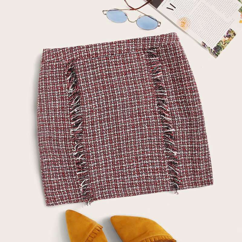 

Frayed Trim Tweed Skirt, Red