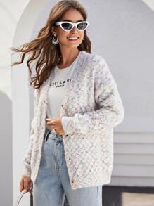 Allover Pattern Button Front Fluffy Sweater Coat
