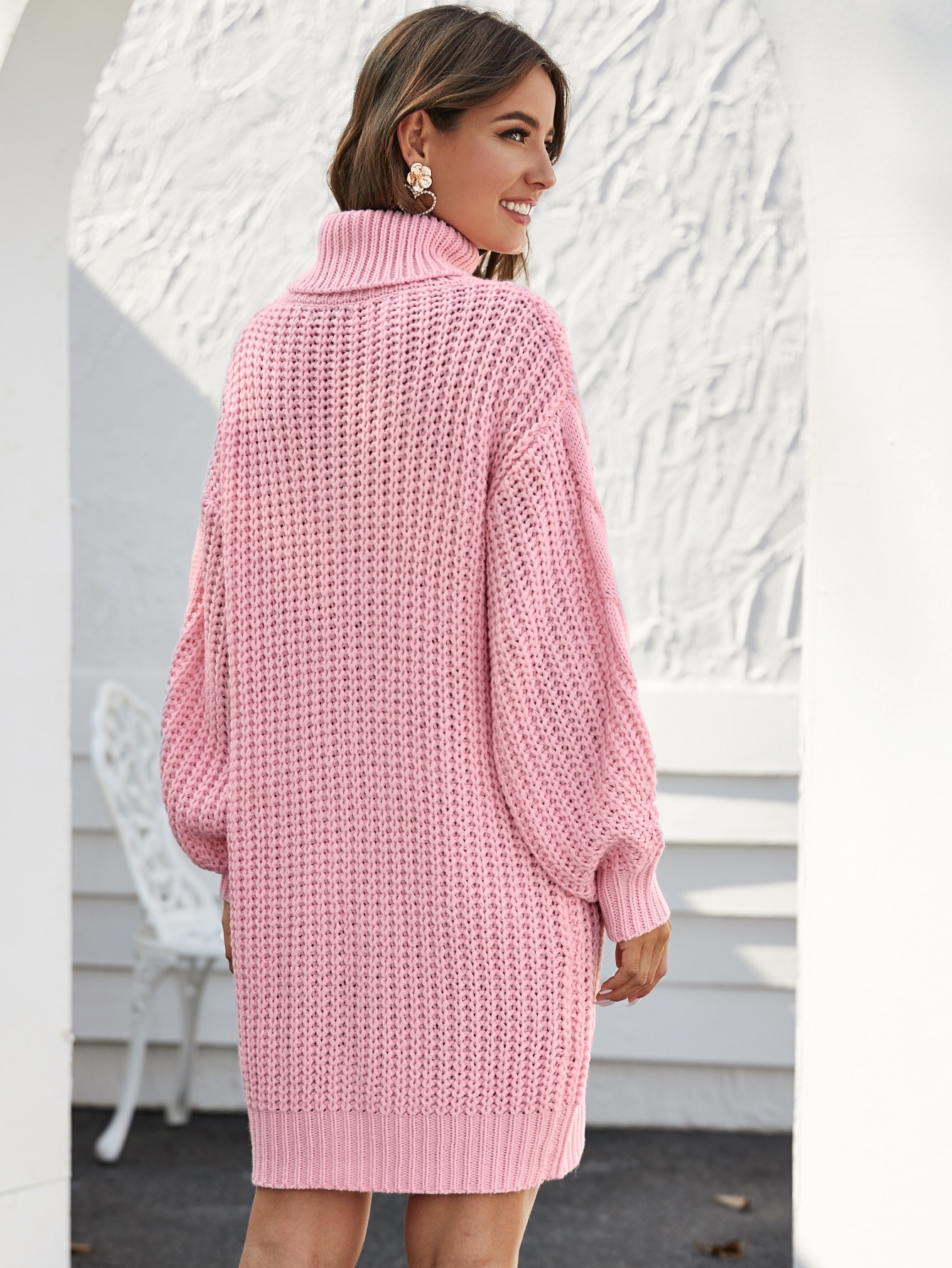 Turtleneck Balloon Sleeve Cable Knit Sweater Dress Without Belt Turtleneck Balloon Sleeve Cable Knit Sweater Dress Without Belt