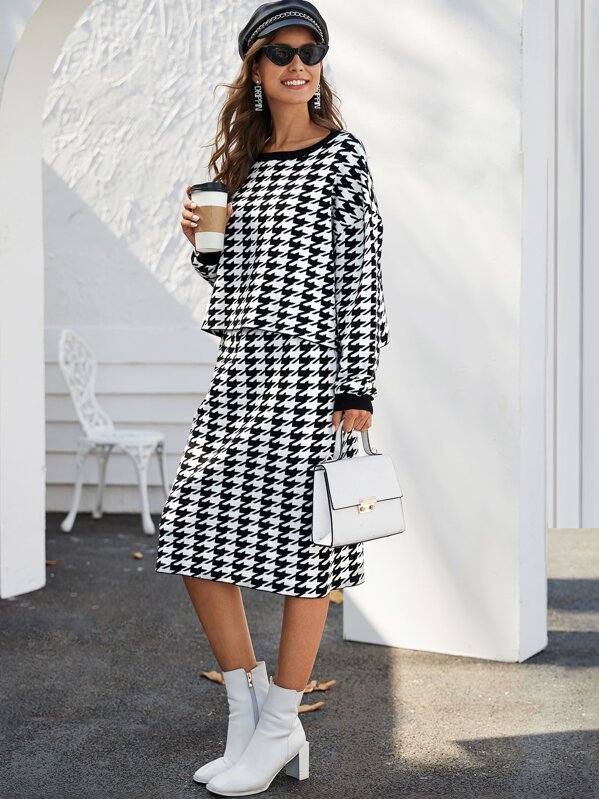 

Drop Shoulder Houndstooth Oversized Sweater and Skirt Set, Black and white, Debi Cruz