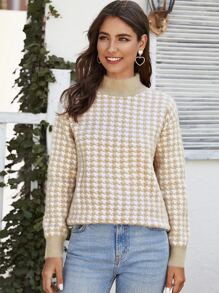 Houndstooth Pattern Fuzzy Sweater
