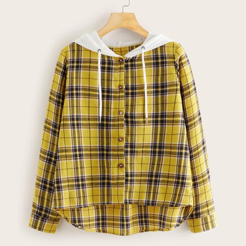 

Plaid Dip Hem Contrast Hooded Blouse, Yellow