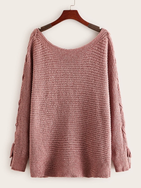 

Lace Up Sleeve Chenille Jumper, Pink