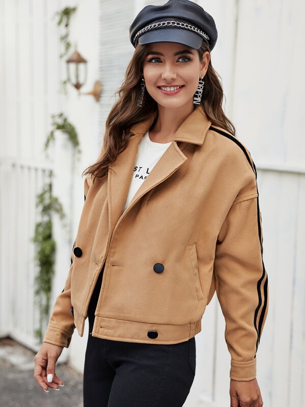

Notched Collar Striped Tape Sleeve Jacket, Camel, Debi Cruz