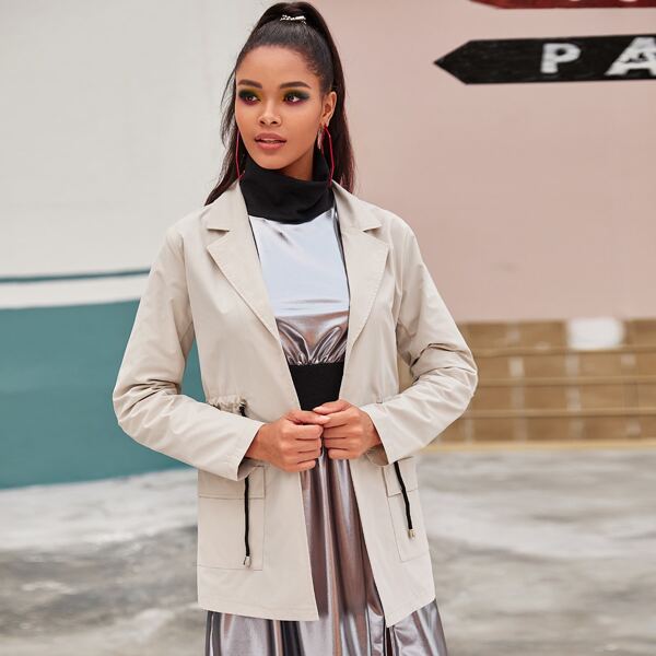 

Lapel Collar Flap Pocket Drawstring Waist Coat, Beige