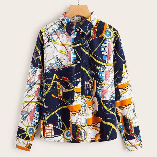 

Graphic Print Button Up Blouse, Multicolor
