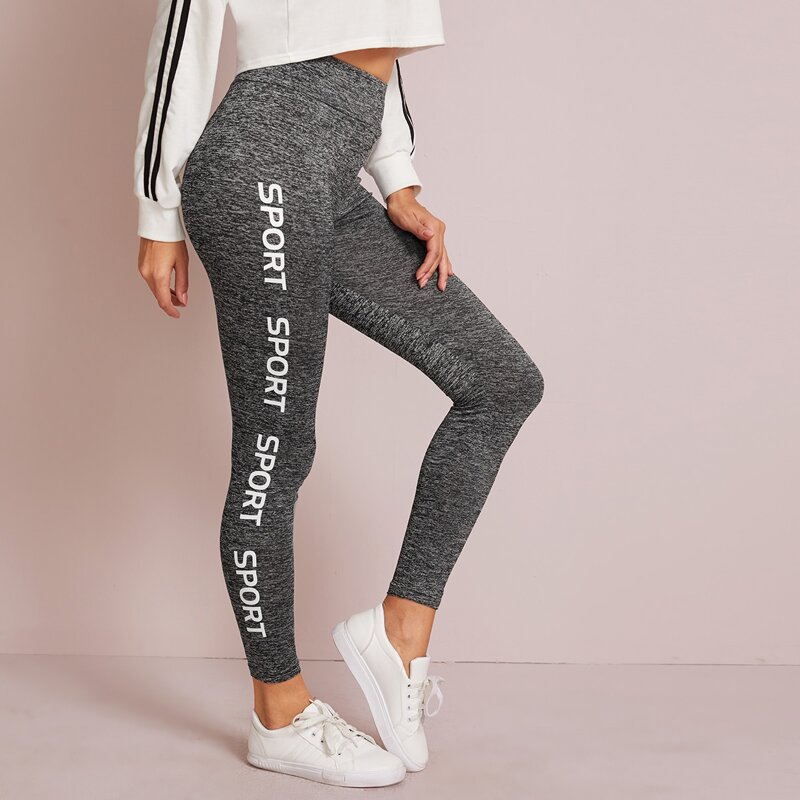

Wide Waistband Letter Graphic Marled Leggings, Grey