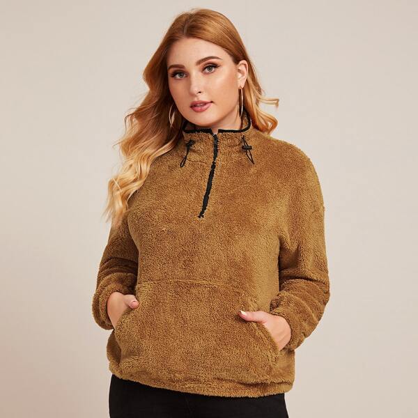 

Plus Zip Half Placket Teddy Sweatshirt, Camel