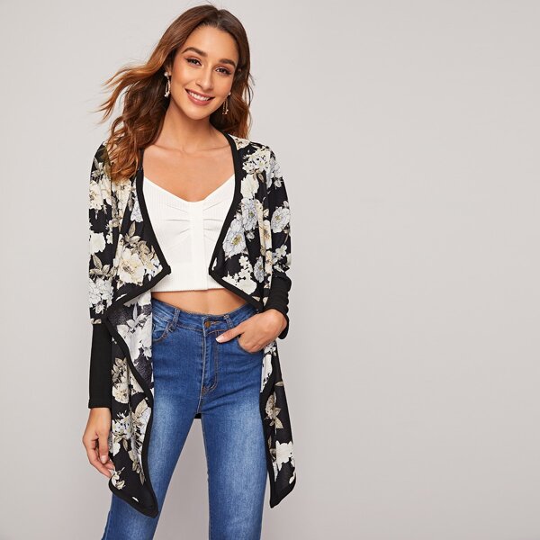 

Waterfall Collar Contrast Binding Floral Print Coat, Black and white