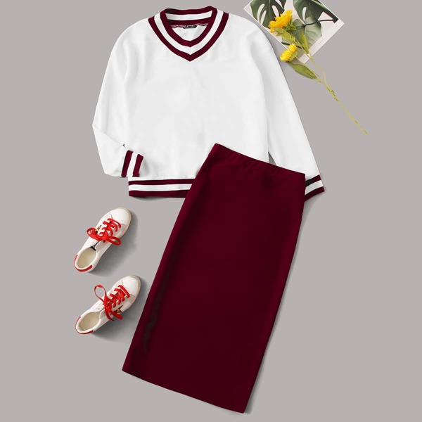 

Striped Trim Drop Shoulder Sweatshirt And Skirt Set, Multicolor