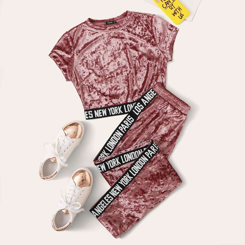 

Letter Tape Velvet Crop Top and High Waist Pants Set, Pink