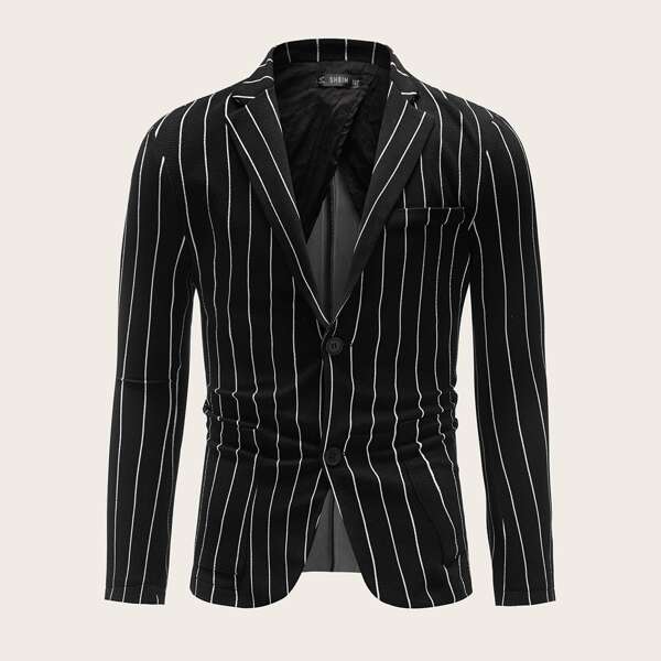 

Men Notched Collar Buttoned Striped Blazer, Black