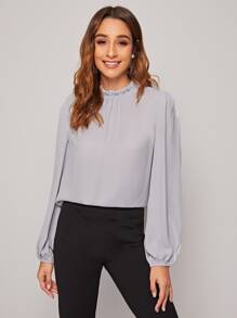 SHEIN Clasi Áo sơ mi Nút màu trơn Xám Thanh lịch - Xám - Xem 4
