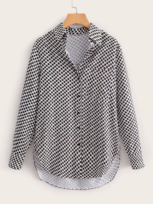 

Houndstooth Print Dip Hem Blouse, Black and white