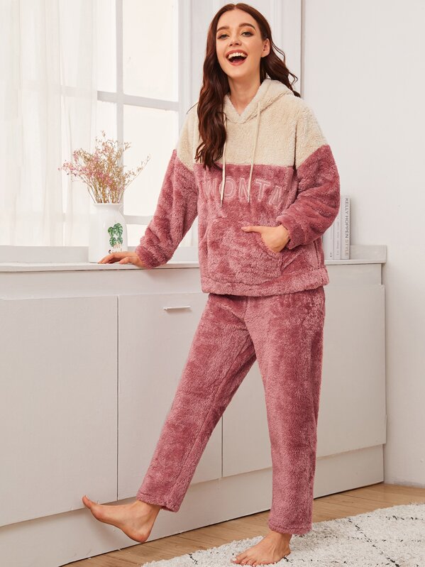 

Letter Graphic Plush Hooded PJ Set, Multicolor, Poly