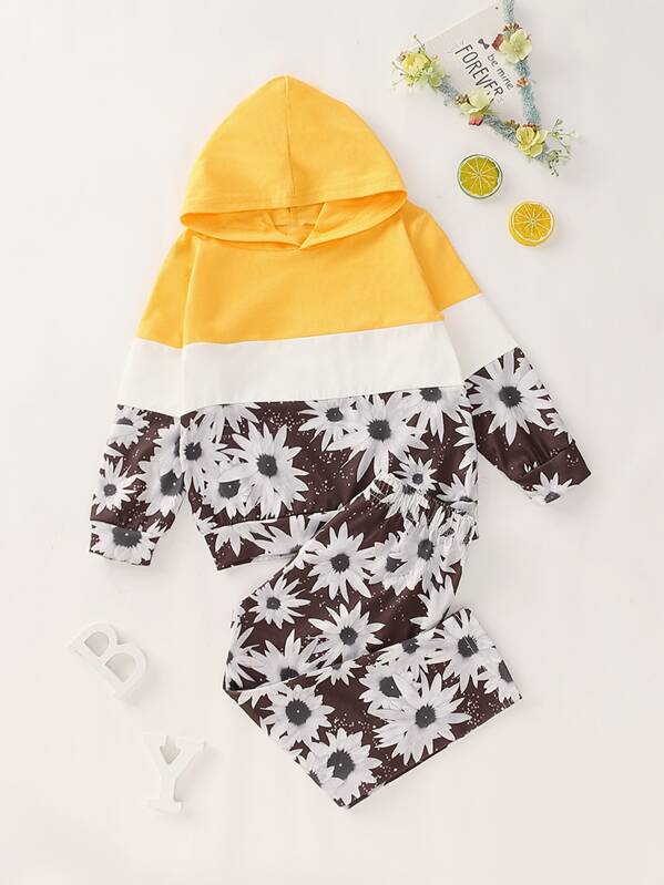 

Toddler Girls Color-block Floral Print Hoodie & Pants, Multicolor