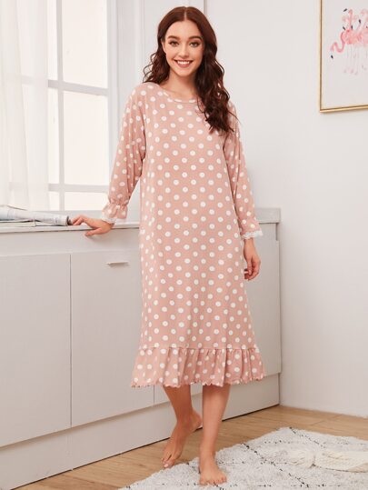 Polka Dot Ruffle Trim Night Dress