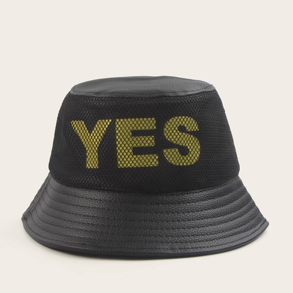

Men Letter Pattern Mesh PU Bucket Hat, Black