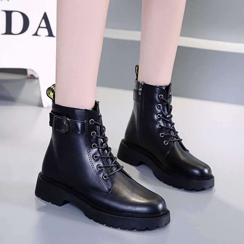 

Lace-up Front Buckle Decor Combat Boots, Black
