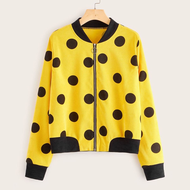 

Zip Up Polka Dot Print Bomber Jacket, Yellow