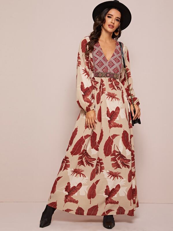 

Jungle Leaf Print Maxi A-line Dress, Multicolor, Juliana