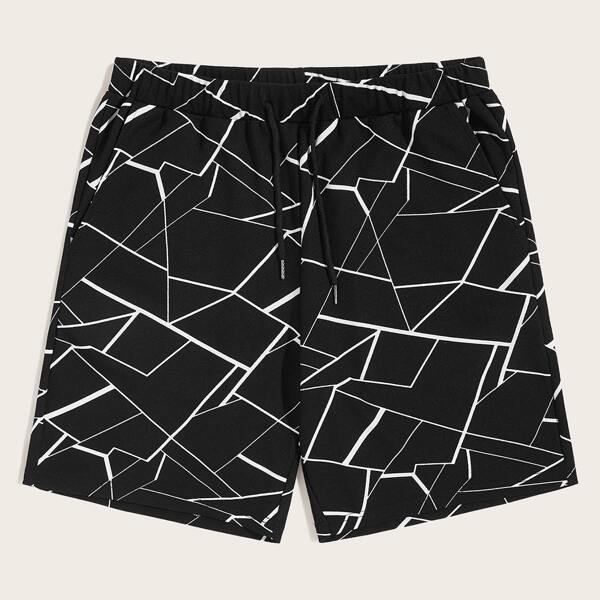 

Men Drawstring Waist Slant Pocket Geo Shorts, Black