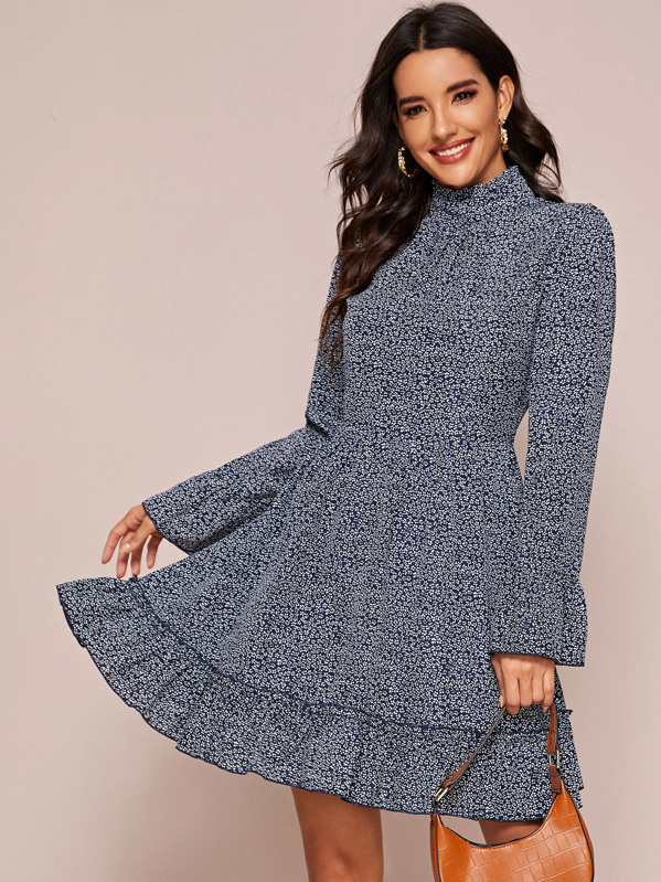 

Ditsy Floral Bell Sleeve Ruffle Hem Dress, Navy, Juliana