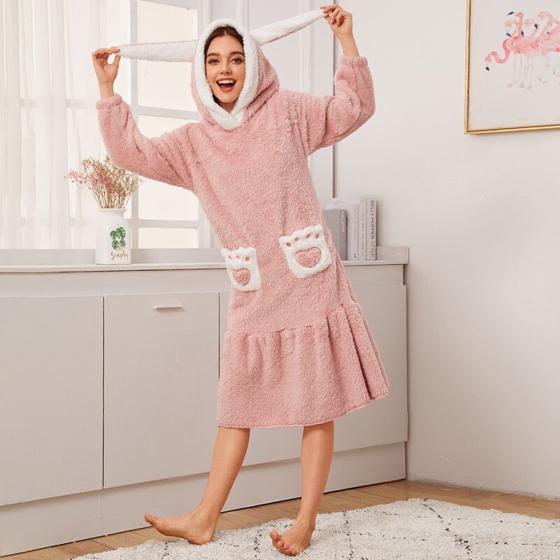 

Rabbit Shaped Plush Hooded Night Dress, Pink