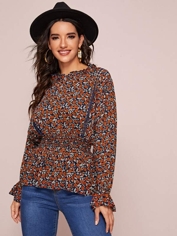 

Shirred Waist Ruffle Trim Ditsy Floral Peplum Top, Multicolor, Juliana